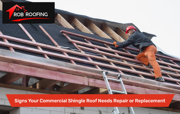 Worker installing a commercial shingle roof on a building.