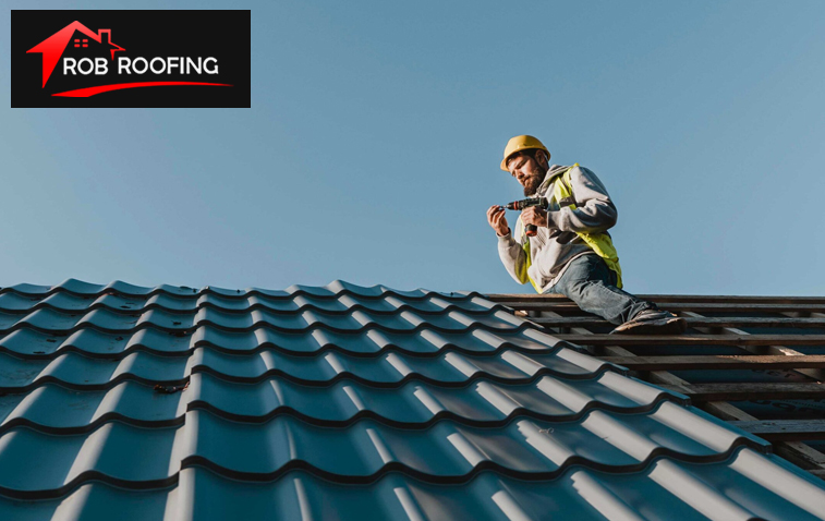 Worker installing a roof on a coastal property